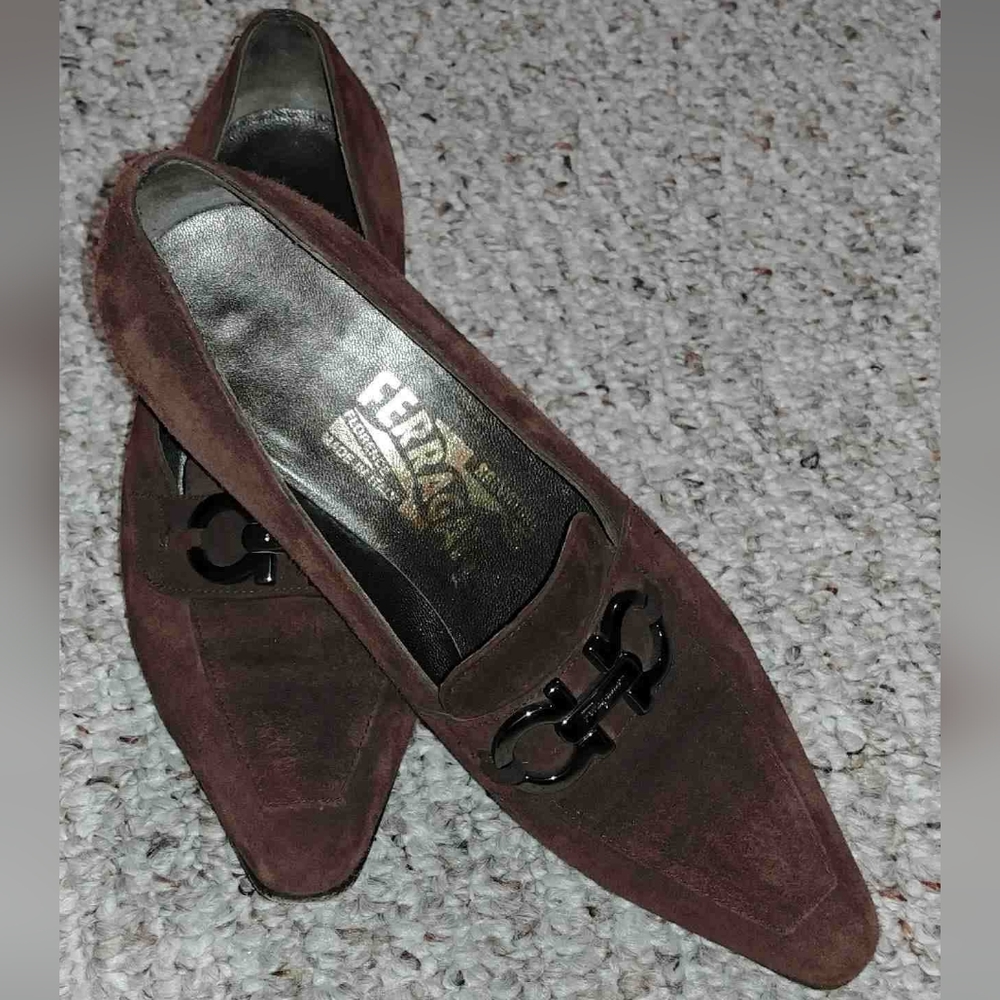 Salvatore Ferragamo Brown Suede Pointed-Toe Loafers